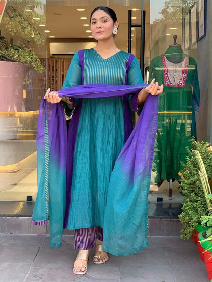 Charming Teal Blue & Royal Purple Striped Anarkali Suit Set