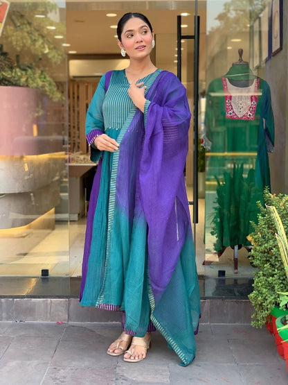 Charming Teal Blue & Royal Purple Striped Anarkali Suit Set