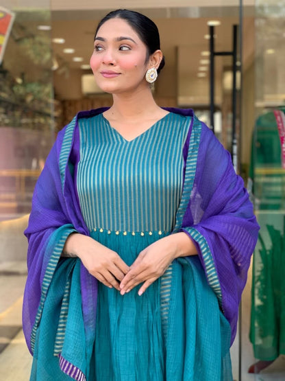 Charming Teal Blue & Royal Purple Striped Anarkali Suit Set
