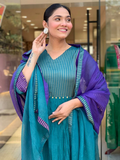 Charming Teal Blue & Royal Purple Striped Anarkali Suit Set