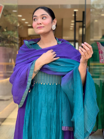 Charming Teal Blue & Royal Purple Striped Anarkali Suit Set
