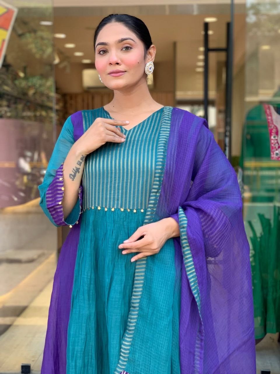 Charming Teal Blue & Royal Purple Striped Anarkali Suit Set