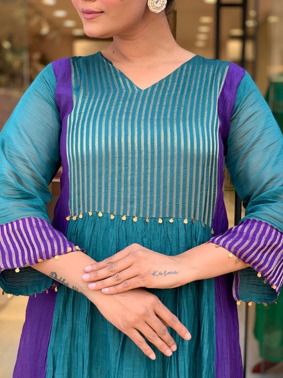 Charming Teal Blue & Royal Purple Striped Anarkali Suit Set