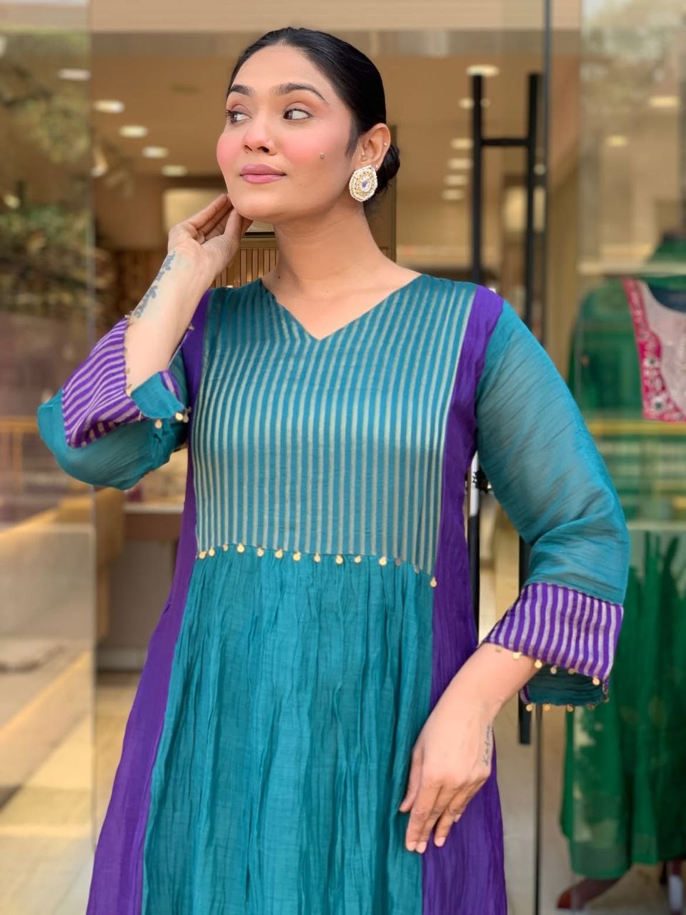 Charming Teal Blue & Royal Purple Striped Anarkali Suit Set