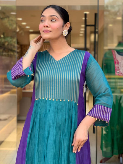 Charming Teal Blue & Royal Purple Striped Anarkali Suit Set