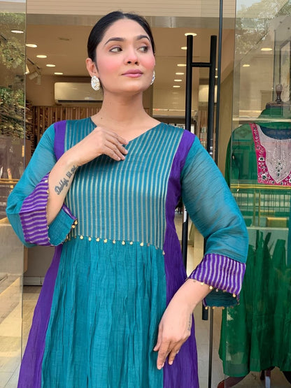 Charming Teal Blue & Royal Purple Striped Anarkali Suit Set