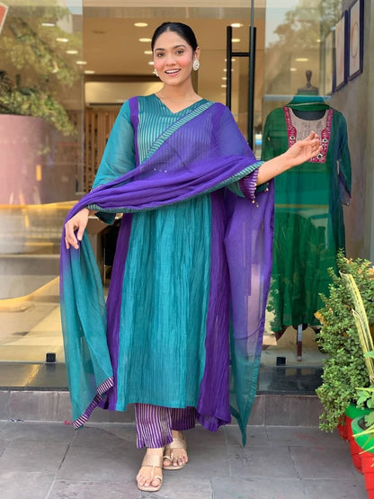 Charming Teal Blue & Royal Purple Striped Anarkali Suit Set