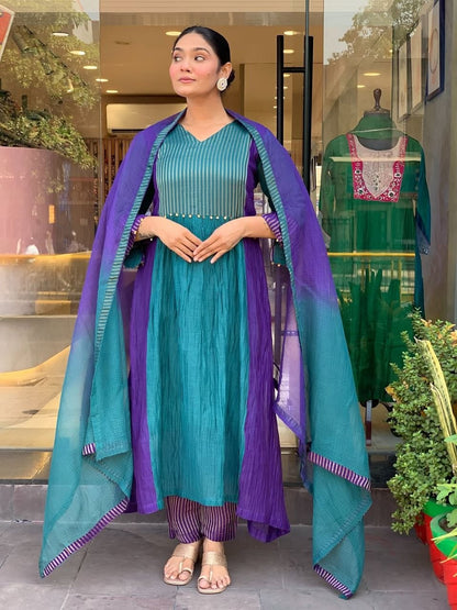 Charming Teal Blue & Royal Purple Striped Anarkali Suit Set