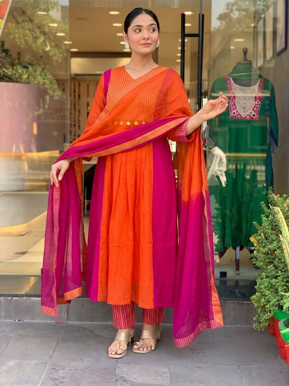 Radiant Orange & Rani Pink Striped Anarkali Suit Set