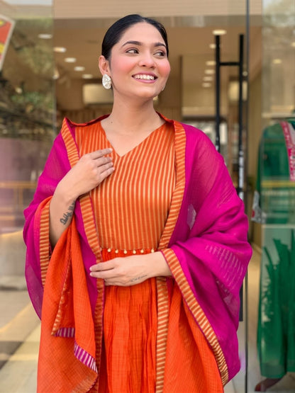 Radiant Orange & Rani Pink Striped Anarkali Suit Set