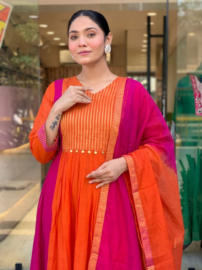 Radiant Orange & Rani Pink Striped Anarkali Suit Set