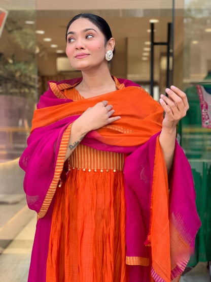 Radiant Orange & Rani Pink Striped Anarkali Suit Set