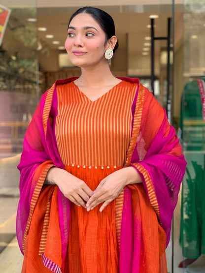 Radiant Orange & Rani Pink Striped Anarkali Suit Set
