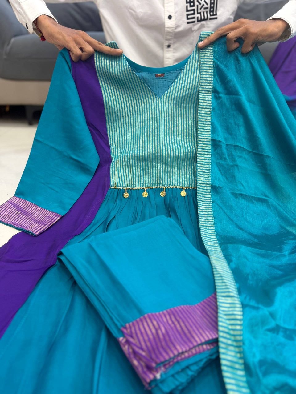 Charming Teal Blue & Royal Purple Striped Anarkali Suit Set