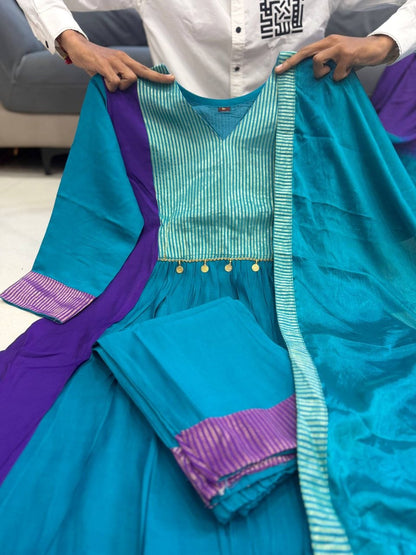 Charming Teal Blue & Royal Purple Striped Anarkali Suit Set
