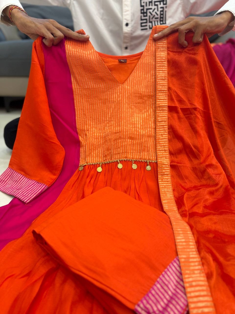 Radiant Orange & Rani Pink Striped Anarkali Suit Set