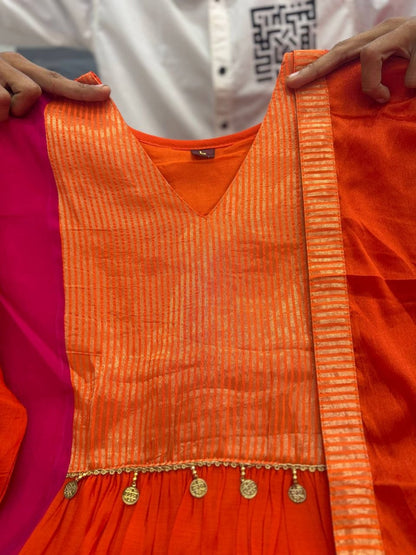Radiant Orange & Rani Pink Striped Anarkali Suit Set