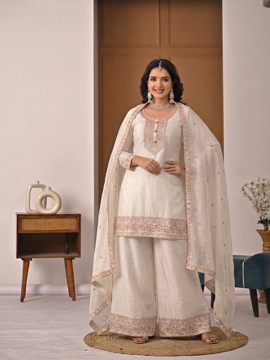 Ivory Heavy Crunchy Silk Designer Suit Set with Embroidered Dupatta