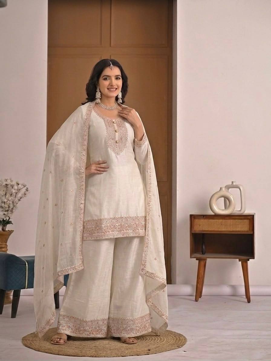 Ivory Heavy Crunchy Silk Designer Suit Set with Embroidered Dupatta