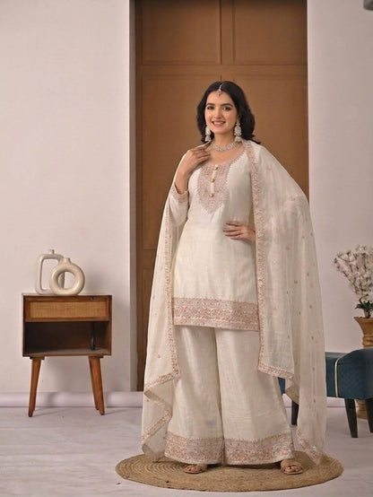 Ivory Heavy Crunchy Silk Designer Suit Set with Embroidered Dupatta