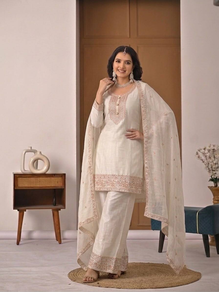 Ivory Heavy Crunchy Silk Designer Suit Set with Embroidered Dupatta