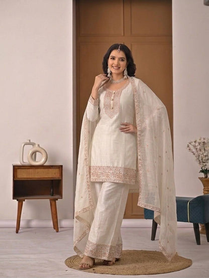 Ivory Heavy Crunchy Silk Designer Suit Set with Embroidered Dupatta
