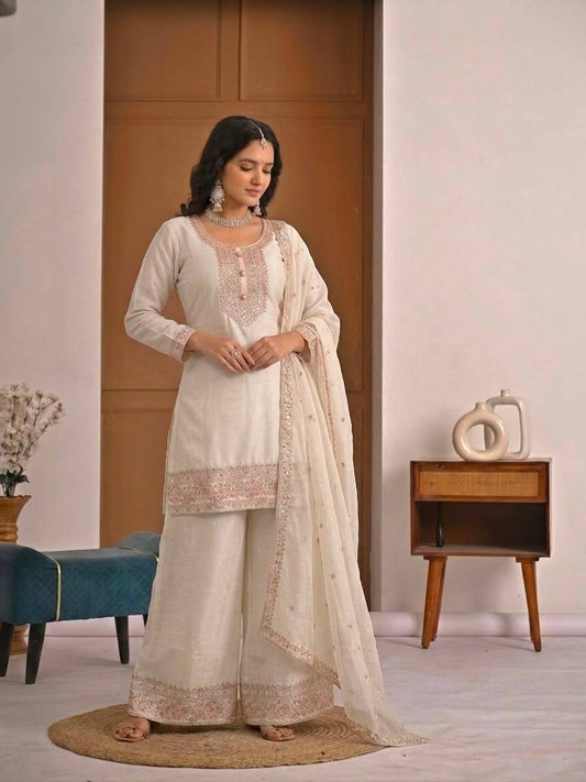 Ivory Heavy Crunchy Silk Designer Suit Set with Embroidered Dupatta