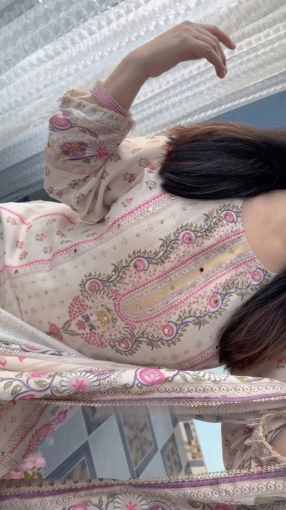 Graceful Ivory Floral Printed Premium Suit Set with Elegant Dupatta