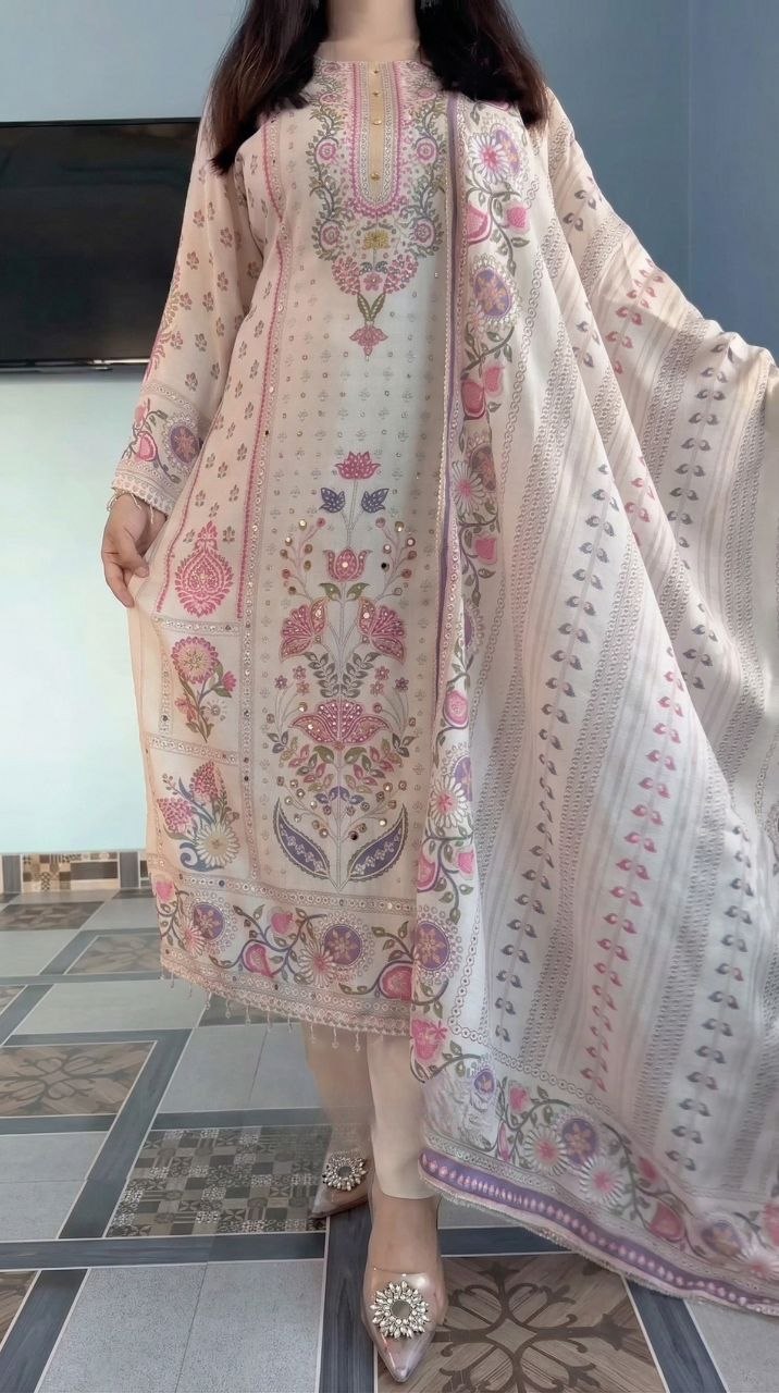 Graceful Ivory Floral Printed Premium Suit Set with Elegant Dupatta