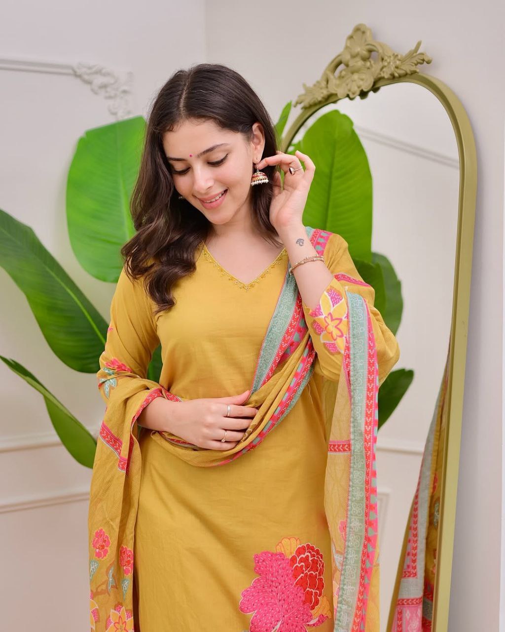 Blooming Mustard Yellow Floral Printed Kurta Pant Set with Dupatta for Women