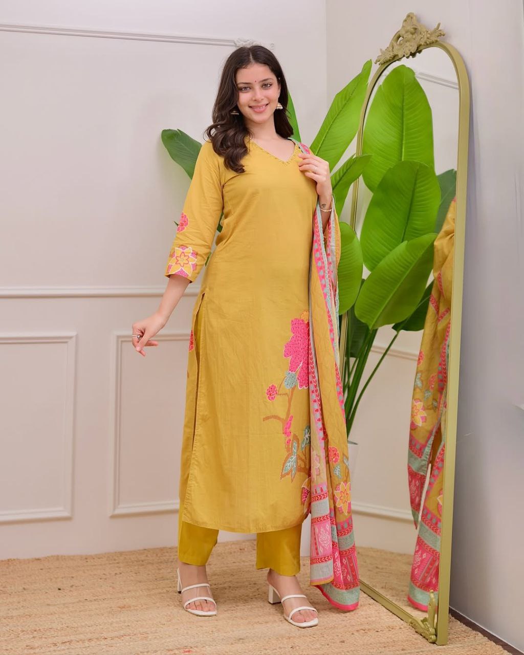 Blooming Mustard Yellow Floral Printed Kurta Pant Set with Dupatta for Women