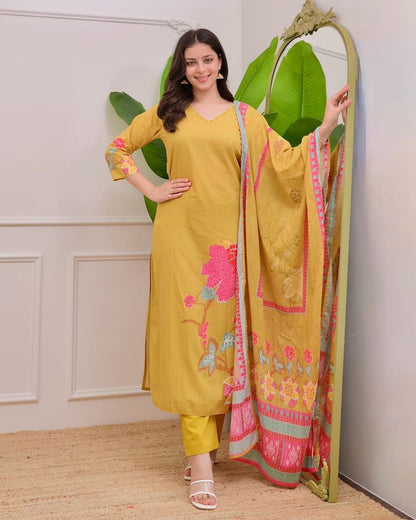 Blooming Mustard Yellow Floral Printed Kurta Pant Set with Dupatta for Women