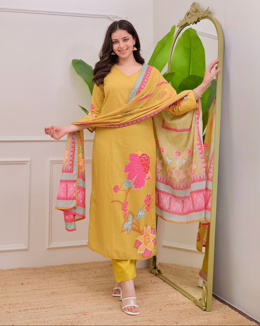 Blooming Mustard Yellow Floral Printed Kurta Pant Set with Dupatta for Women