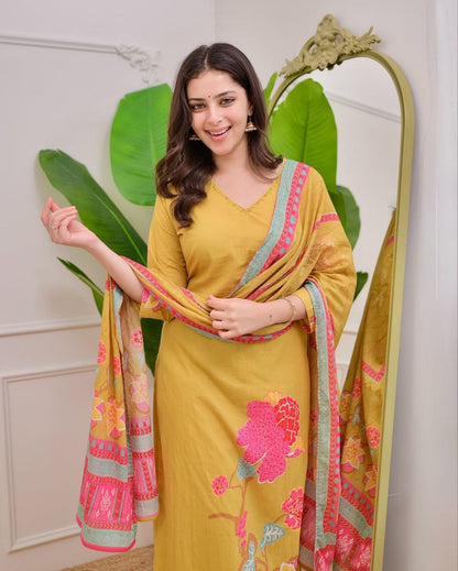 Blooming Mustard Yellow Floral Printed Kurta Pant Set with Dupatta for Women
