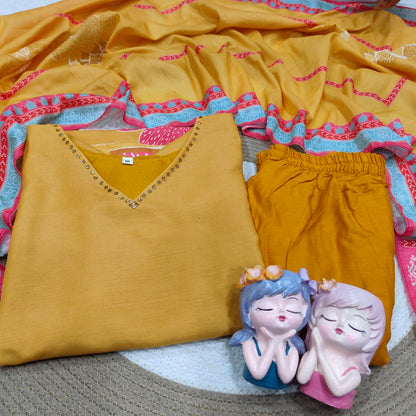 Blooming Mustard Yellow Floral Printed Kurta Pant Set with Dupatta for Women