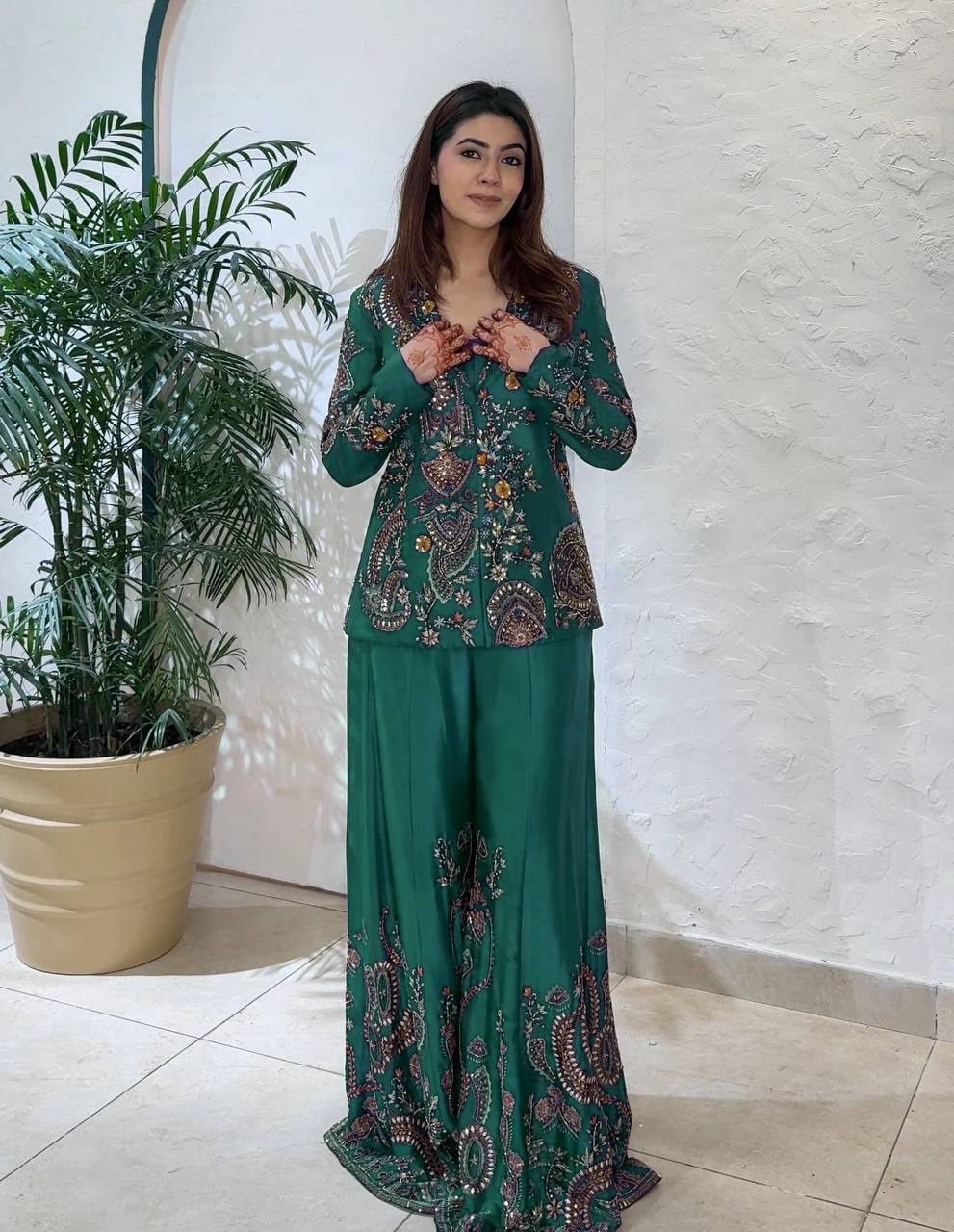 Elegant Emerald Green Embroidered Palazzo Set