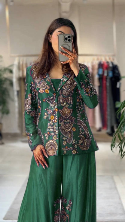 Elegant Emerald Green Embroidered Palazzo Set