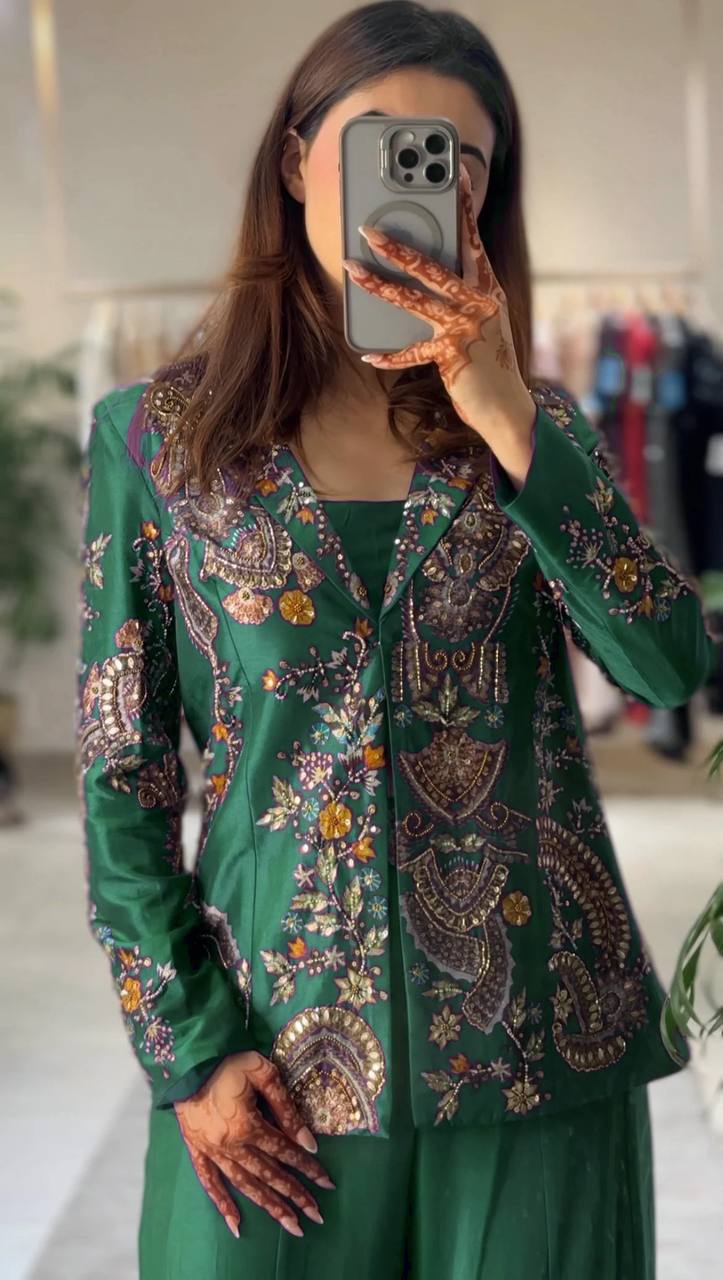 Elegant Emerald Green Embroidered Palazzo Set