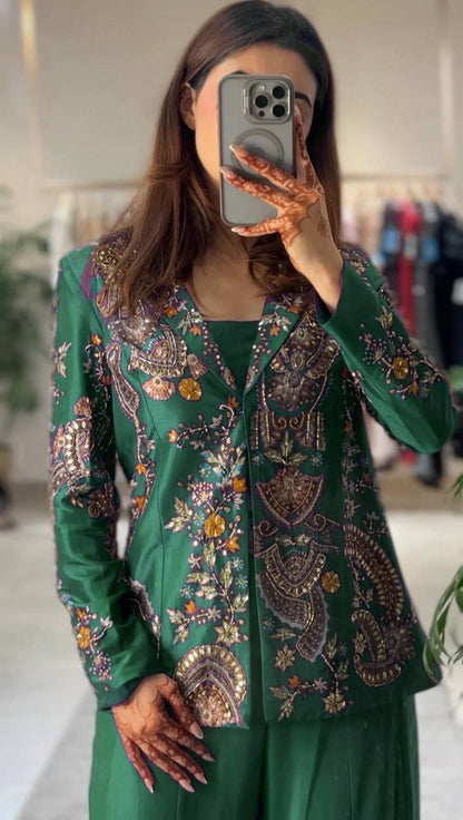 Elegant Emerald Green Embroidered Palazzo Set