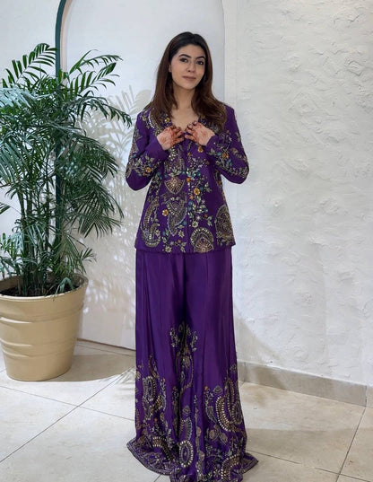 Regal Purple Embroidered Jacket Palazzo Set