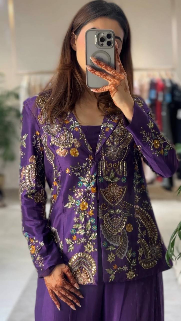 Regal Purple Embroidered Jacket Palazzo Set