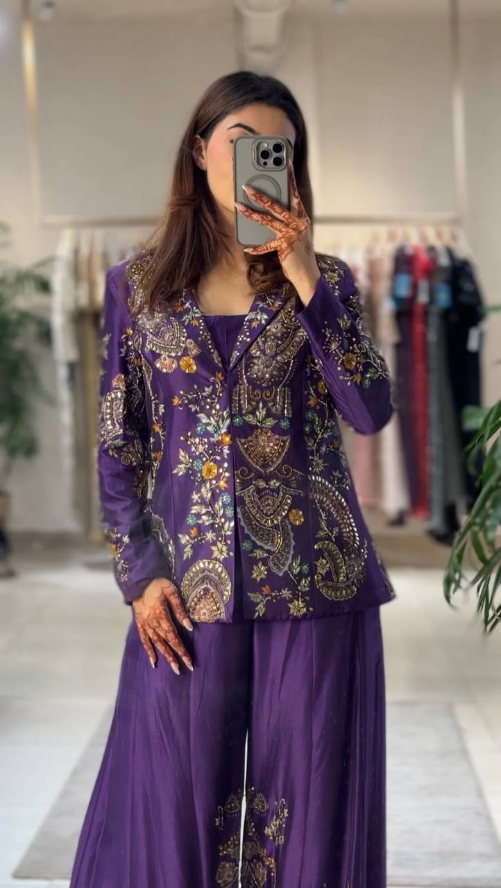 Regal Purple Embroidered Jacket Palazzo Set