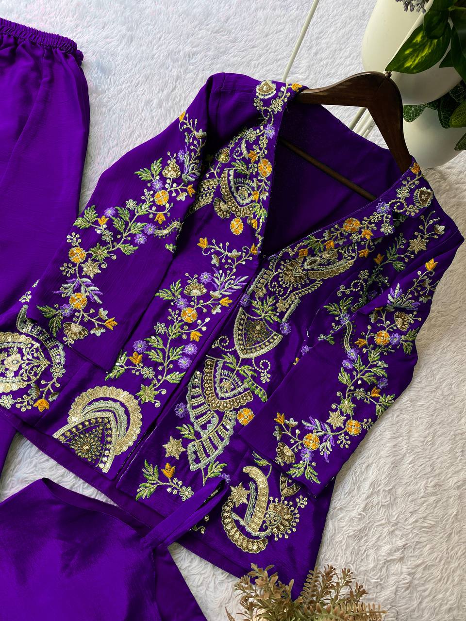 Regal Purple Embroidered Jacket Palazzo Set