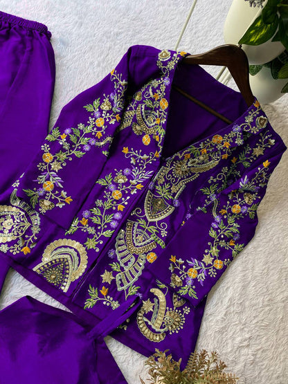 Regal Purple Embroidered Jacket Palazzo Set