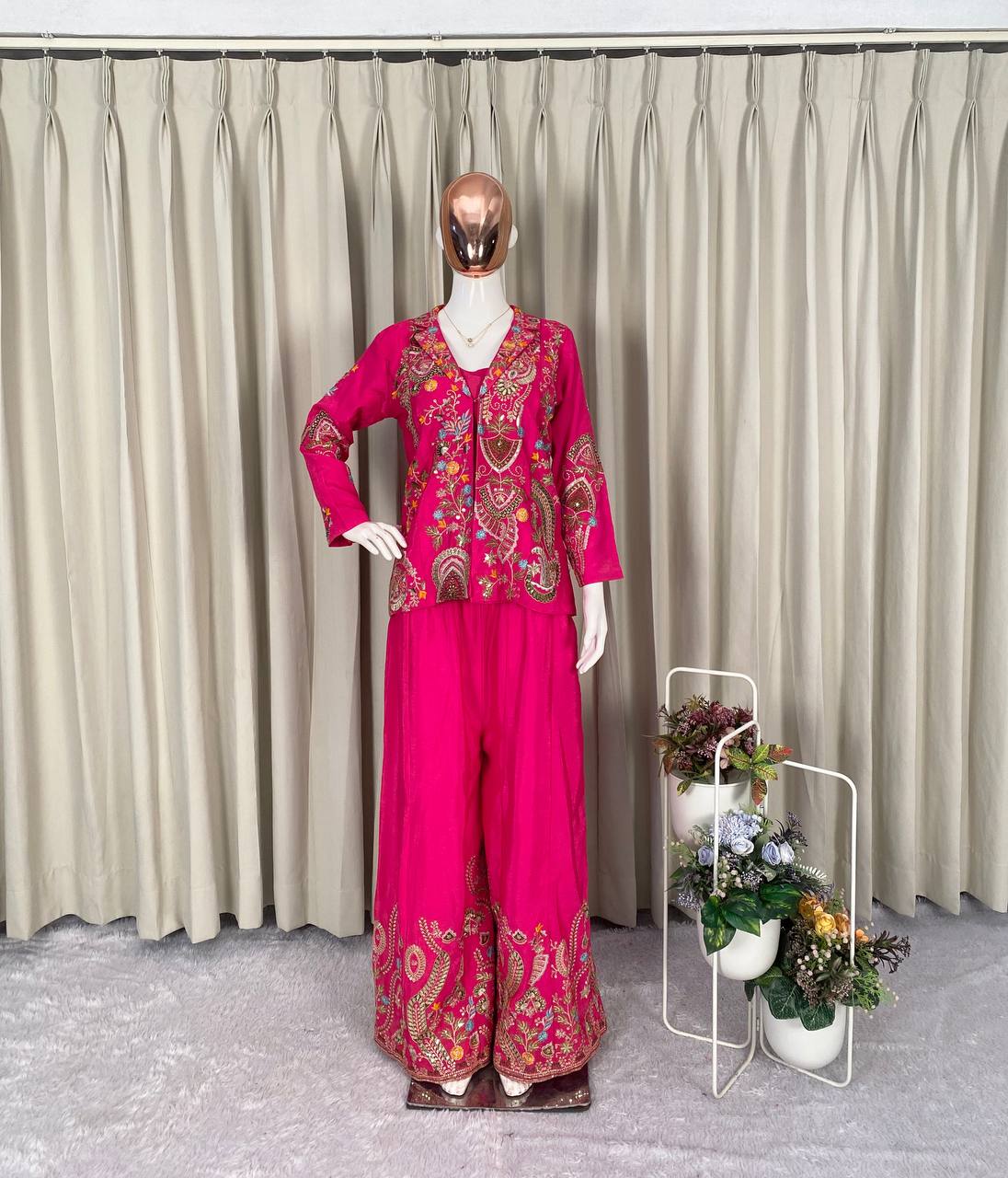 Beautiful Rani Pink Embroidered Palazzo Jacket Set
