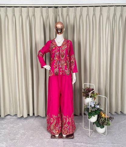 Beautiful Rani Pink Embroidered Palazzo Jacket Set