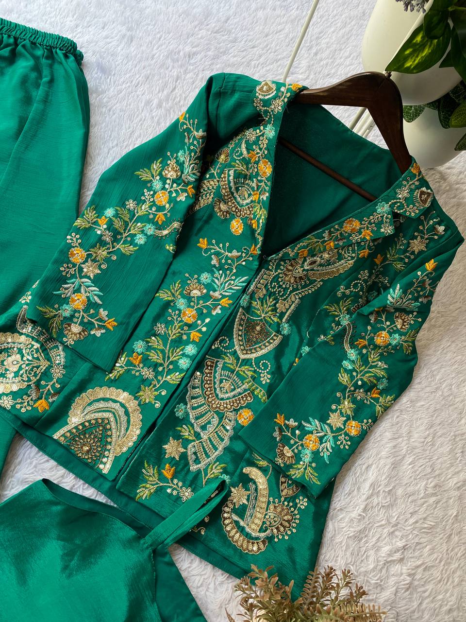 Elegant Emerald Green Embroidered Palazzo Set