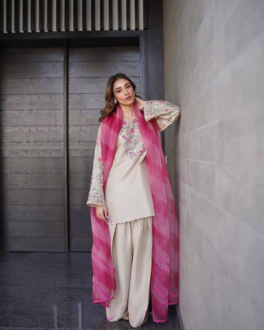 Radiant Beige Embroidered Suit with Pink Dupatta