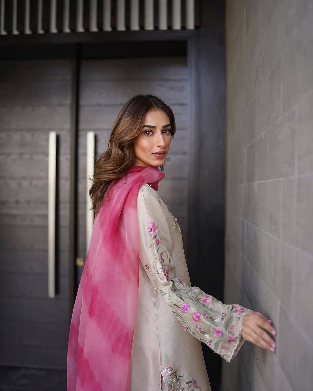 Radiant Beige Embroidered Suit with Pink Dupatta