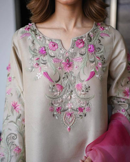 Radiant Beige Embroidered Suit with Pink Dupatta